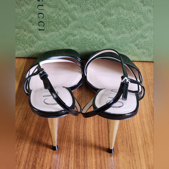 $850 Brand New 100% Auth Gucci Vitello Vernice Sandals Black Leather G 37 US 7 - Picture 9 of 14